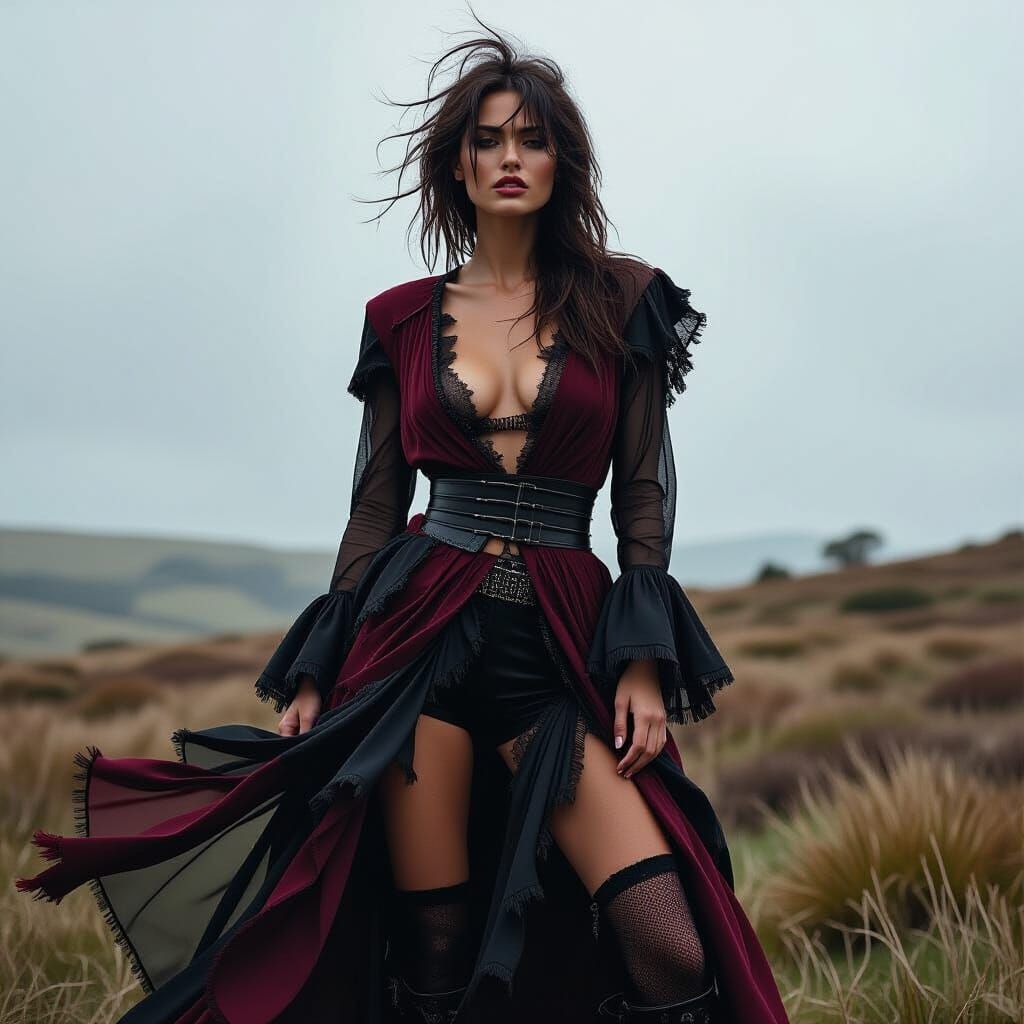 Fashion Portrait of Fearless Model in Windswept Landscape