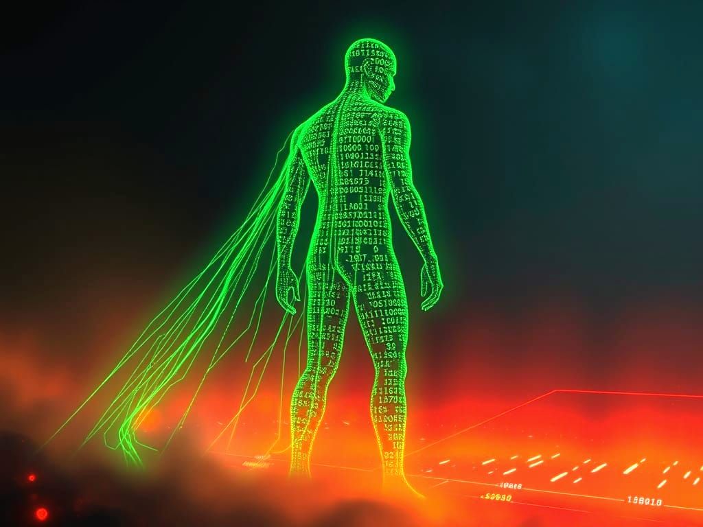 Humanoid Figure Made of Glowing Binary Code in Digital Lands...