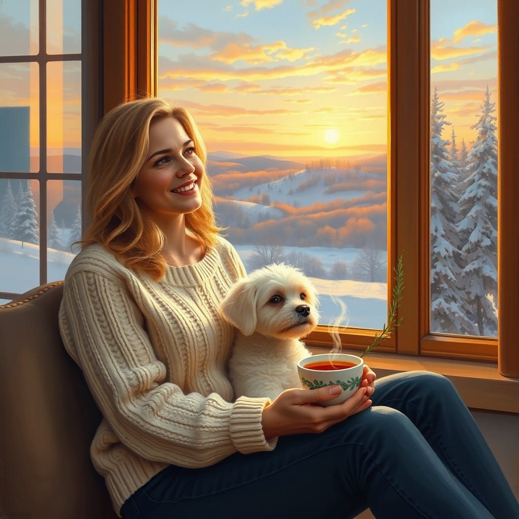 Serene Winter Scene with Gentle Woman and Fluffy Dog