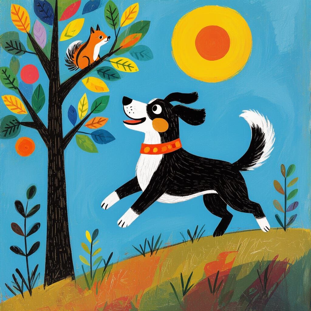 Dog Chasing Squirrel in Abstract Art Style