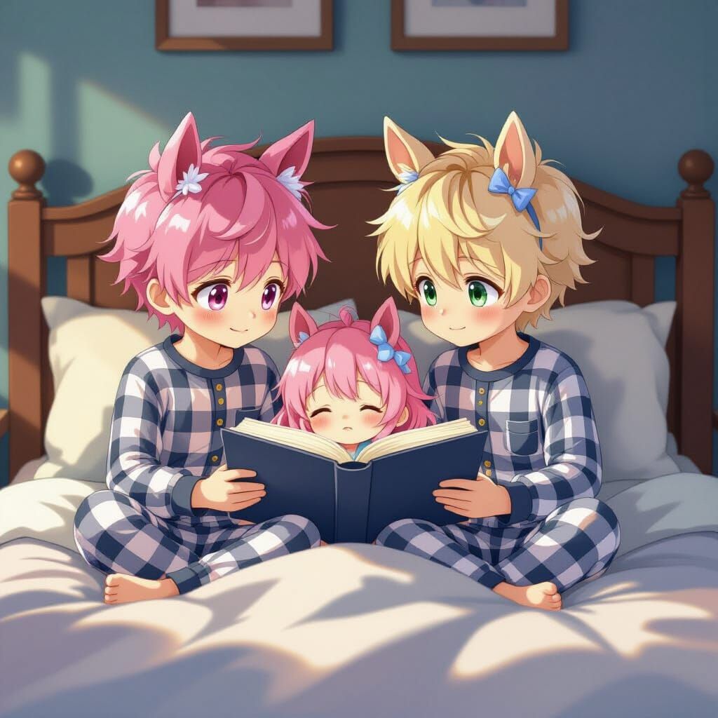 Boys Reading to Sleeping Sister with Horse Ears