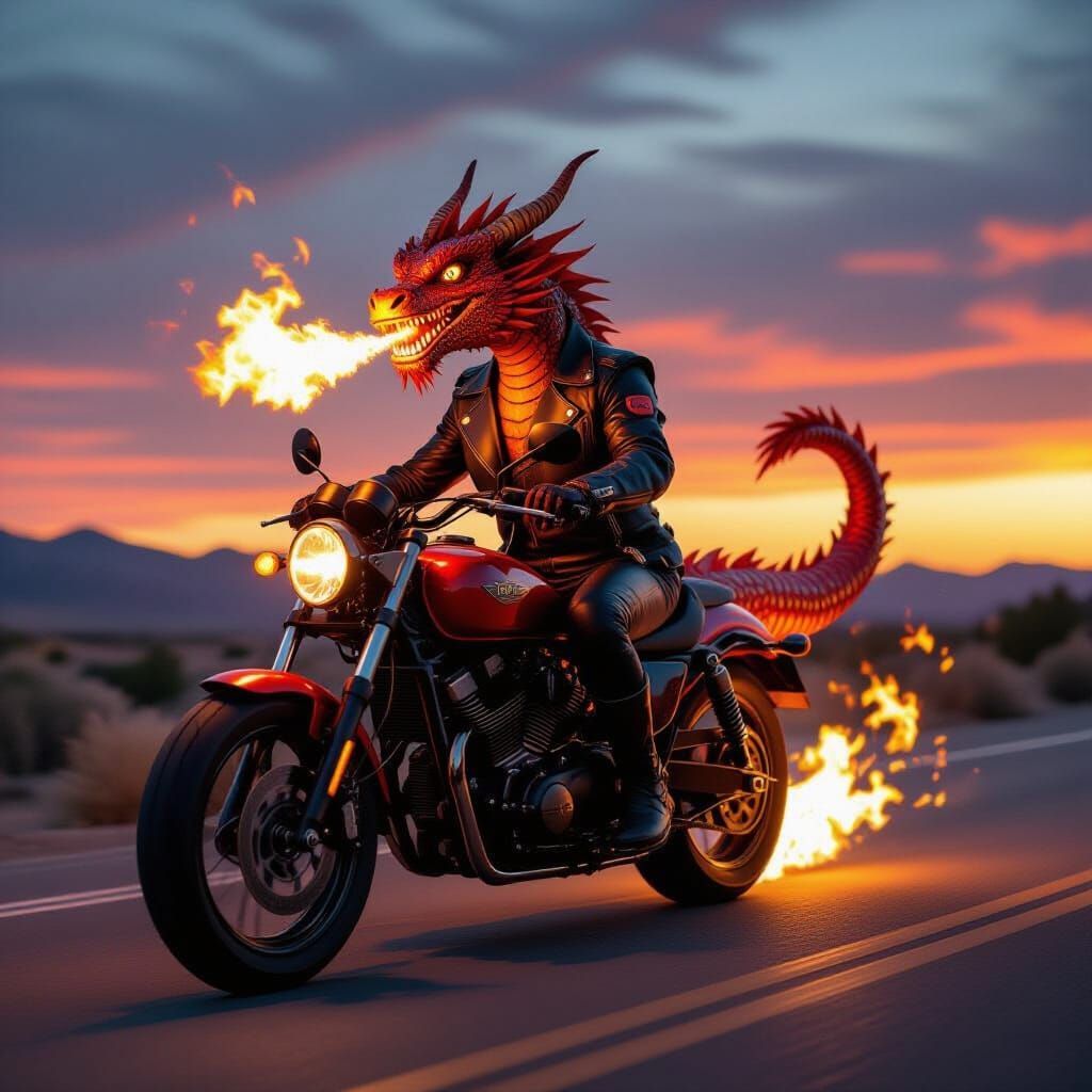 Dragon Rider on Motorcycle in Fiery Fantasy Art Style