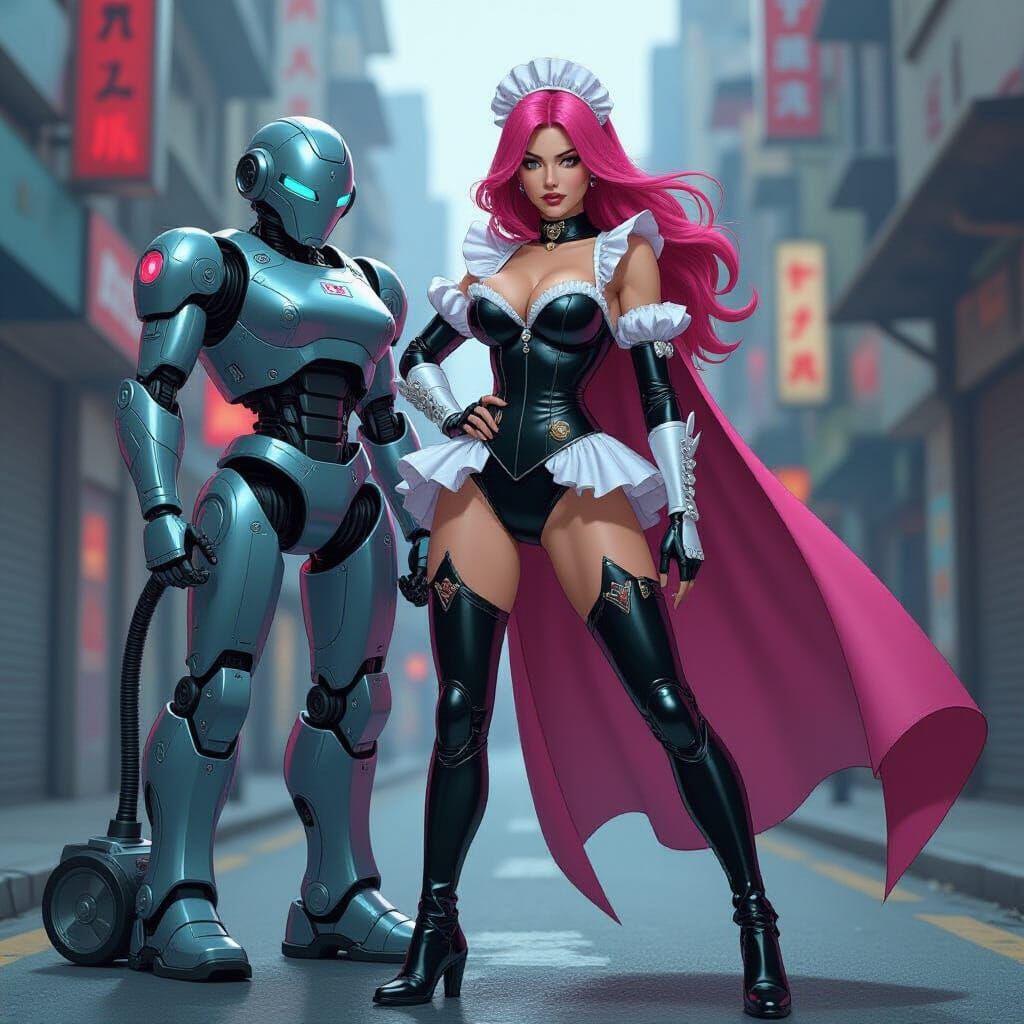 Superheroine Maid and Robot in Futuristic Comic Art