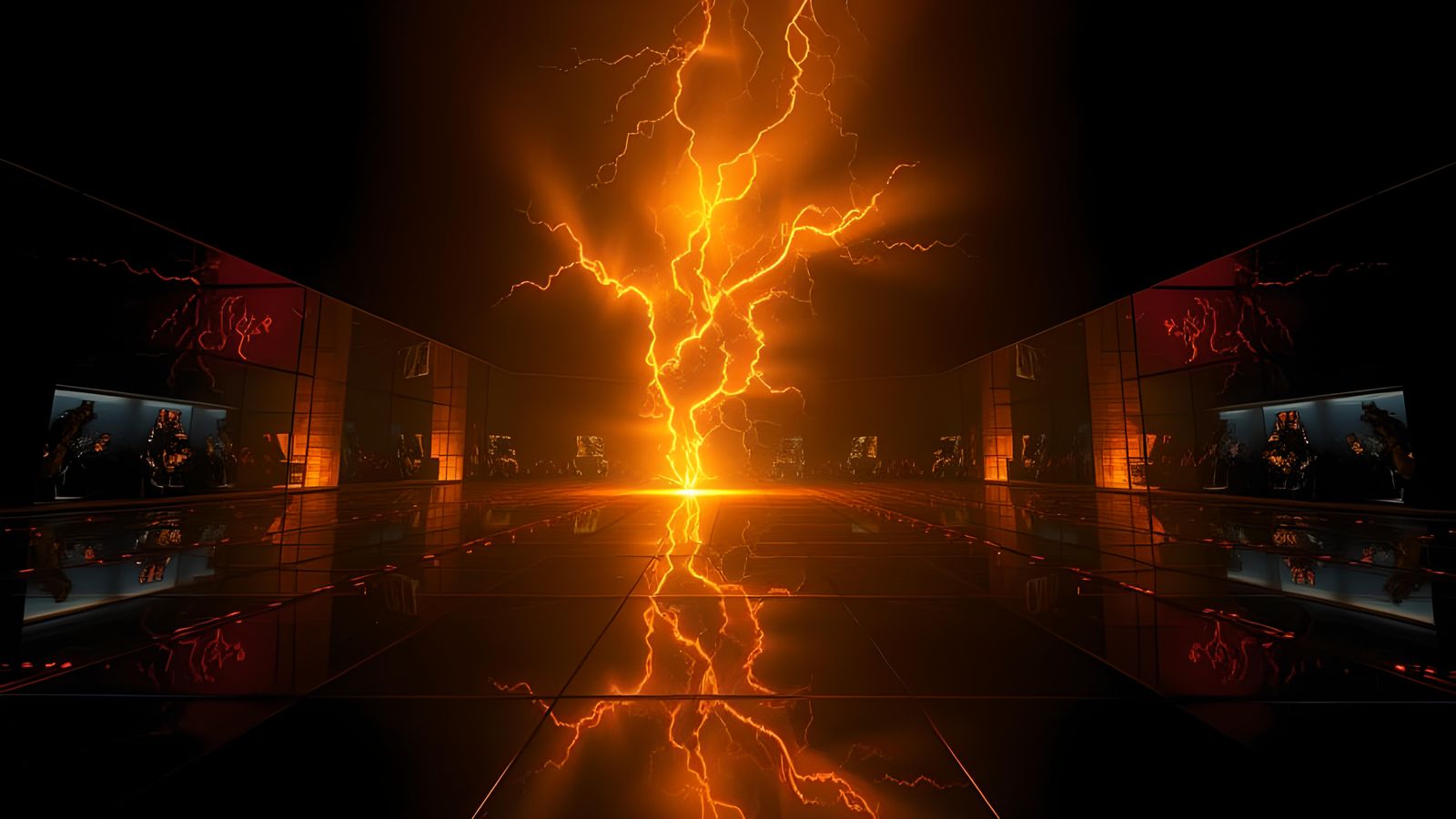 Lightning Bolt Lights Up Mirrored Room, Hyperrealistic Style