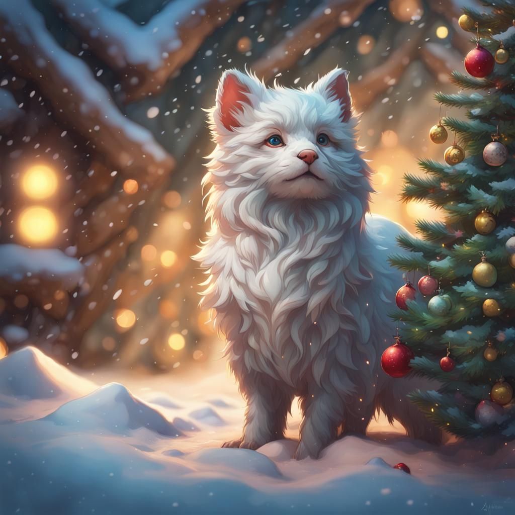 Christmas Tree Scene with Animals in Snow