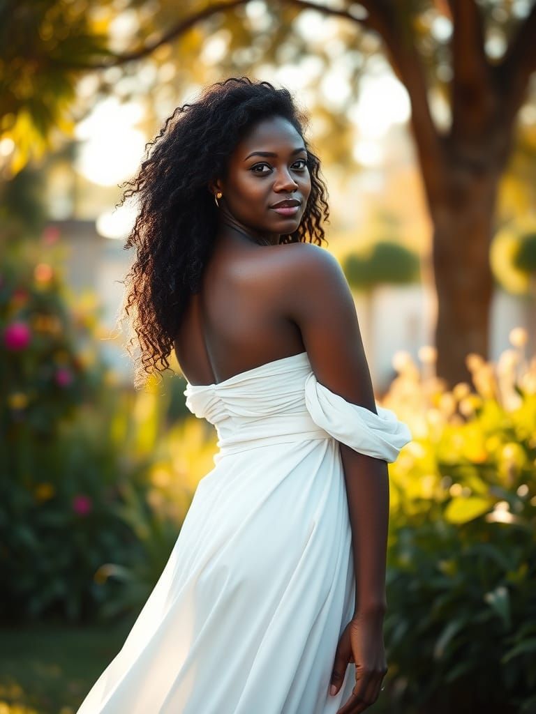 Photorealistic Portrait of a Black Woman in a Sunlit Garden