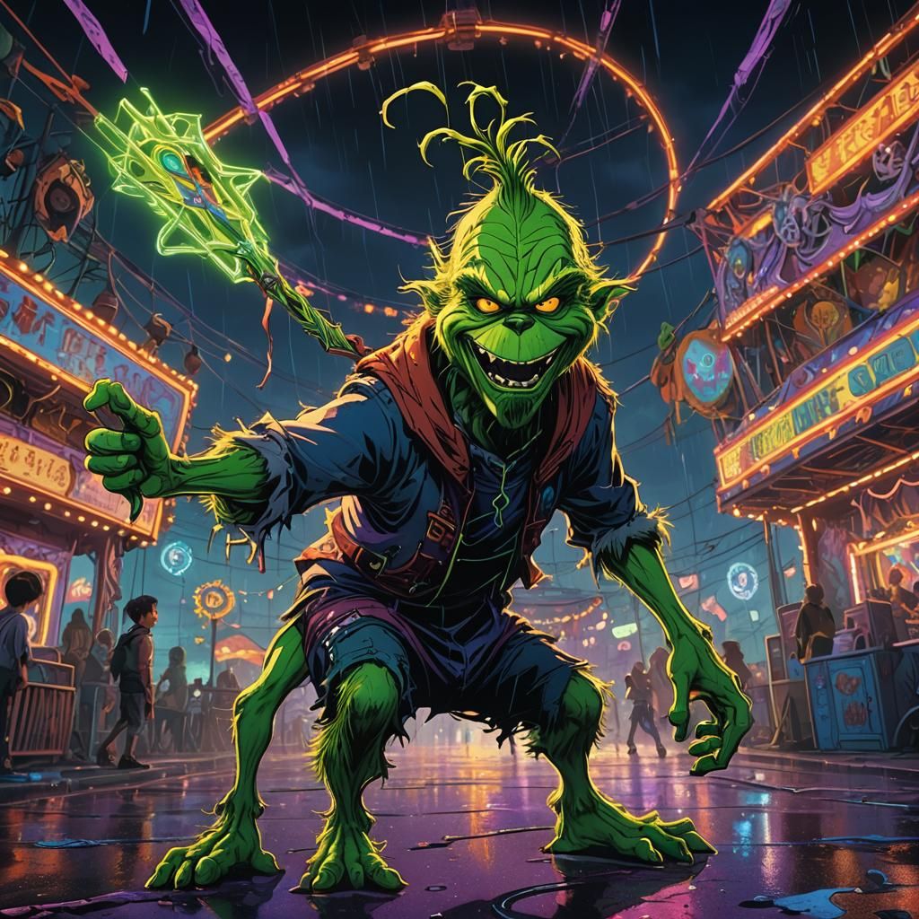 Grinch Attacks Child with Laser Swords in Anime Style