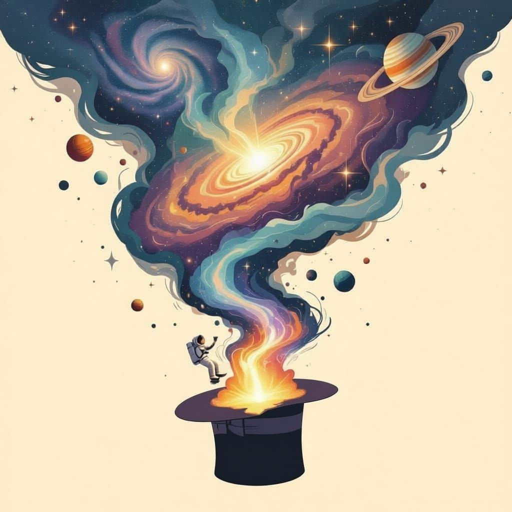 Cosmic Energy Pulled Into Hat, Surreal Photoreal Scene