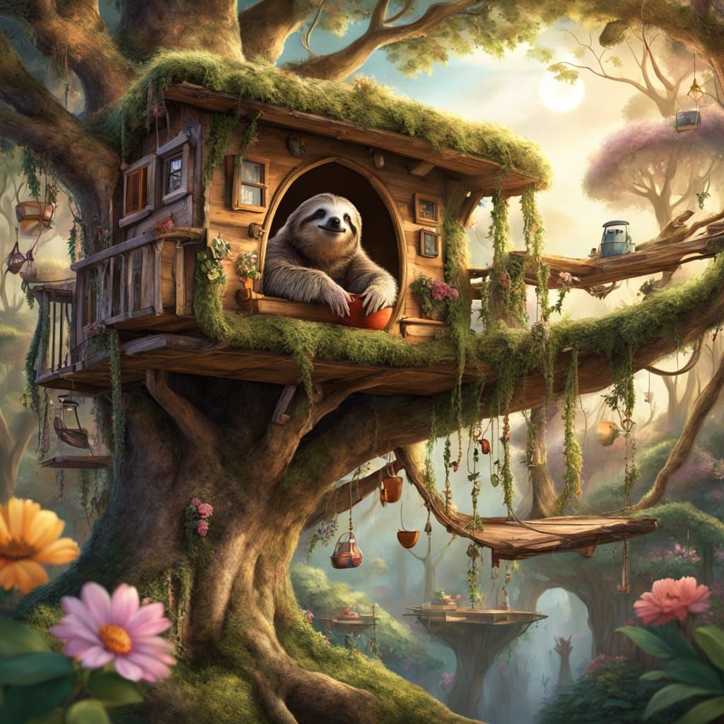 Cozy Sloth Sips Tea in Whimsical Treehouse Illustration