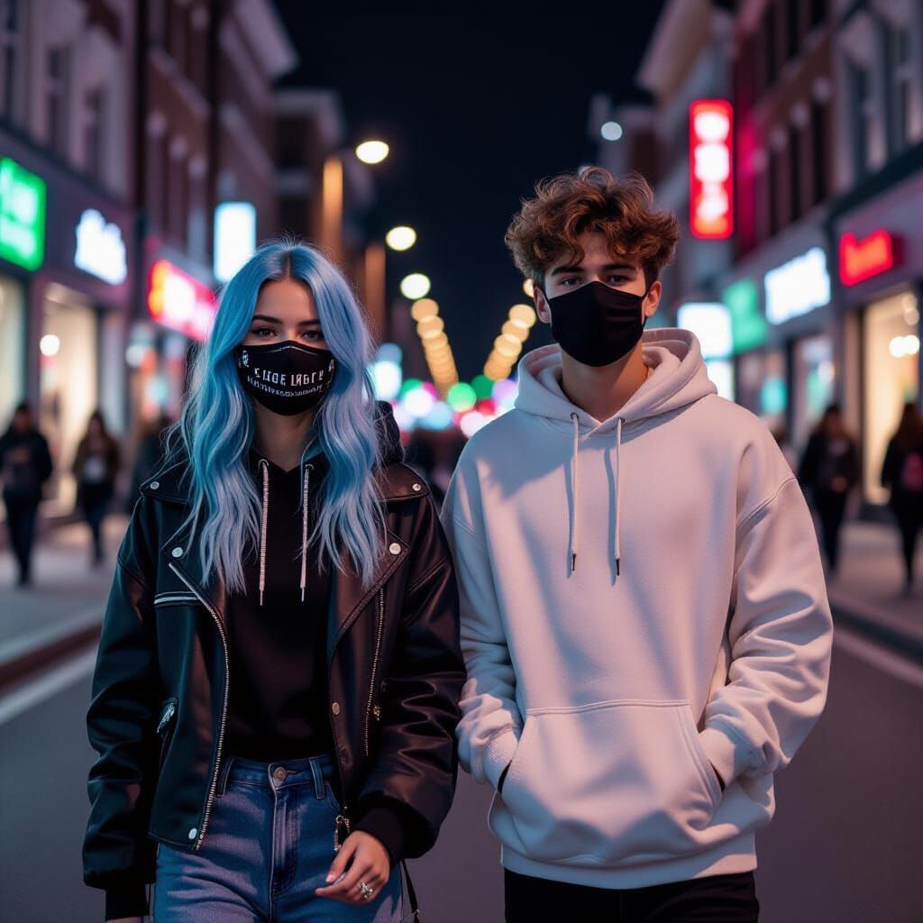 Young Couple in Neon-Lit Cityscape