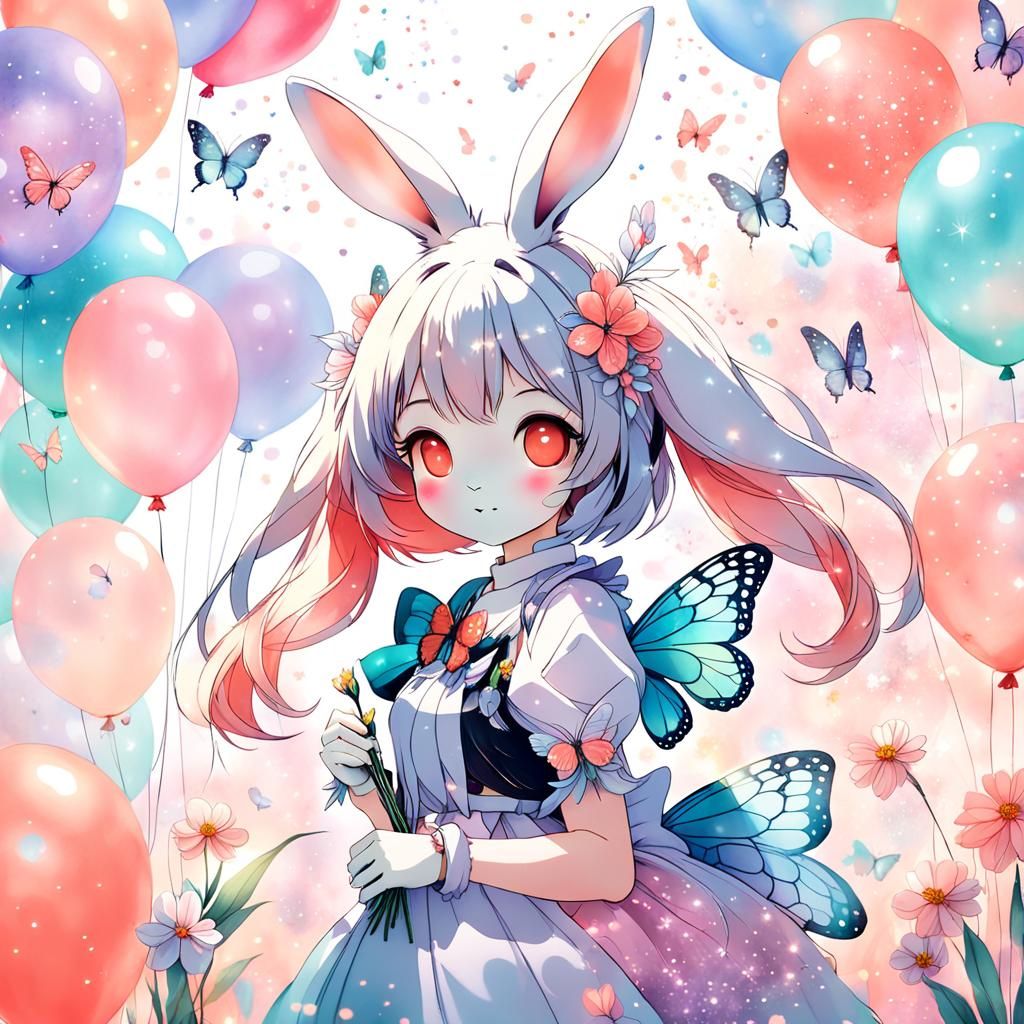 Anime Rabbit Girl with Butterfly Wings and Balloons