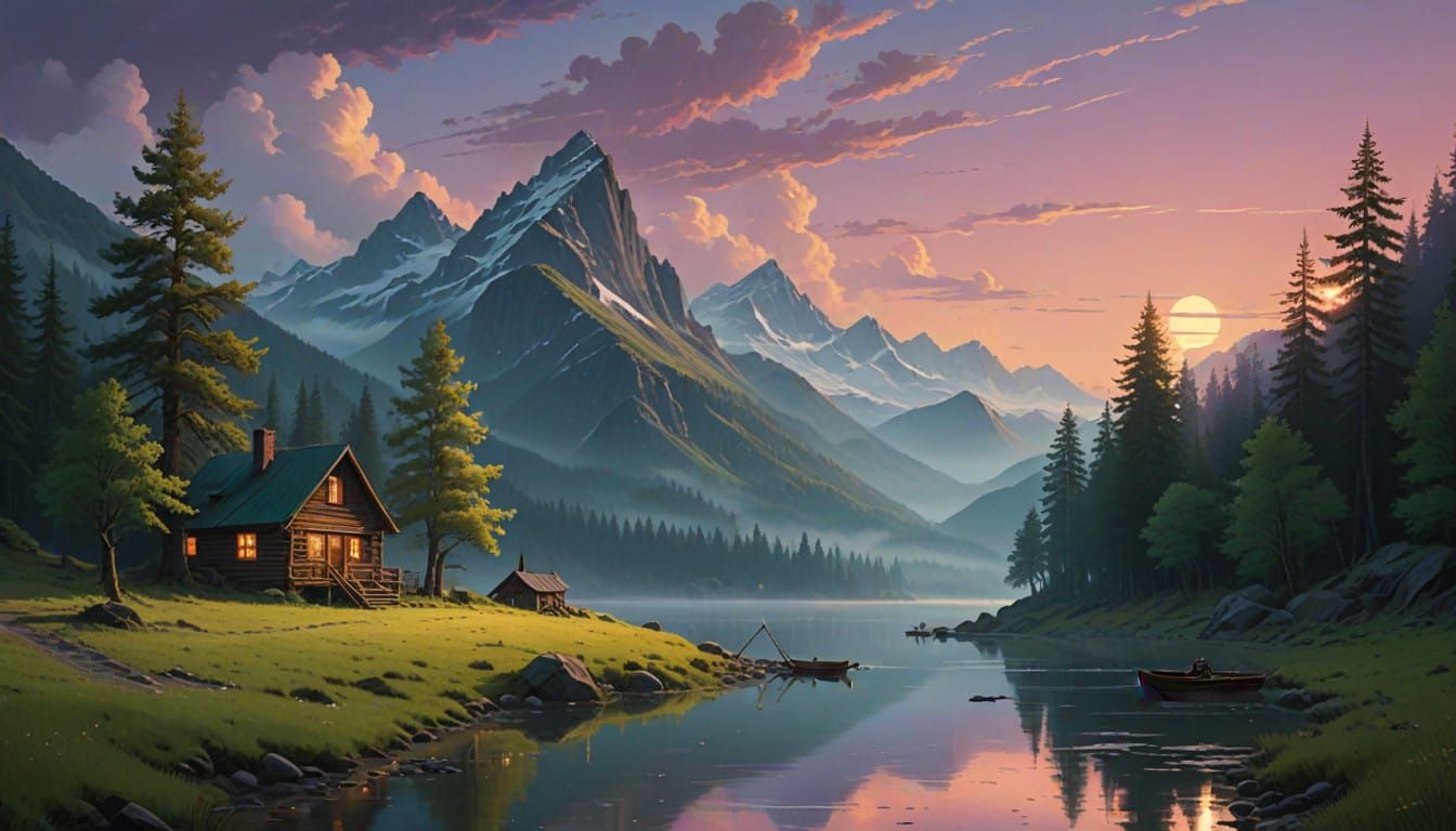 Surreal Sunset Landscape with Whimsical Wooden House and Cou...