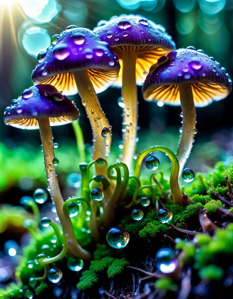 Bioluminescent Dewdrops on Amethyst Mushrooms: Macro Shot