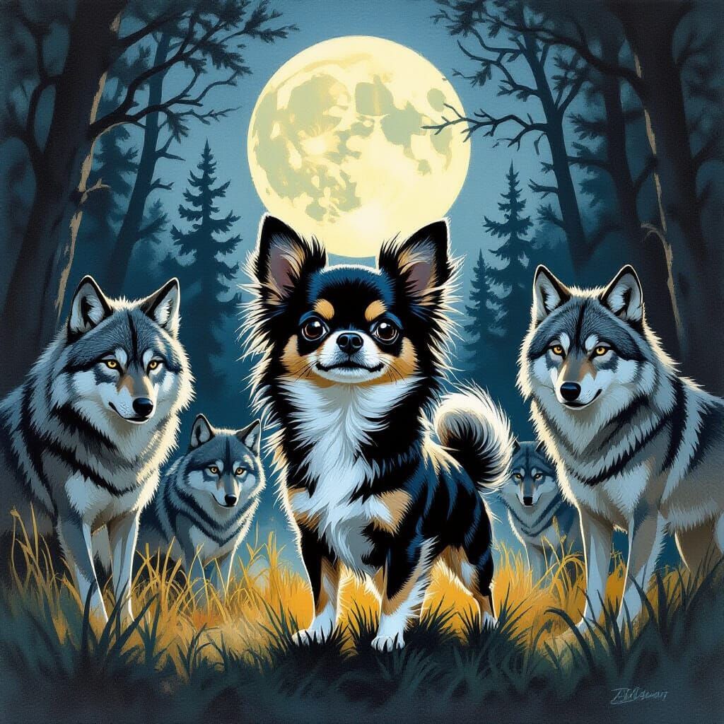 Chihuahua Leads Pack of Wolves in Moonlit Forest