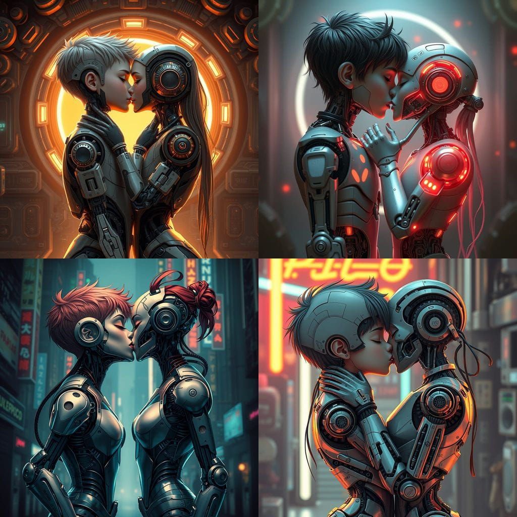 Romantic Cyborgs Kissing: Half Human, Half Robot