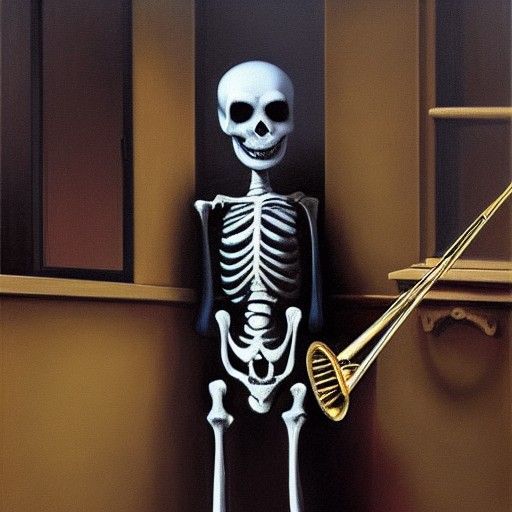 Skeleton's Midnight Trombone Serenade: Oil Painting