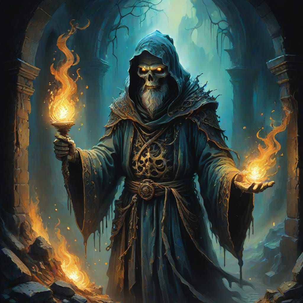 Dark Fantasy Wizard in Eerie, Flickering Chamber