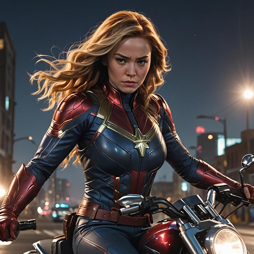 Captain Marvel on Motorcycle in Neon Tokyo
