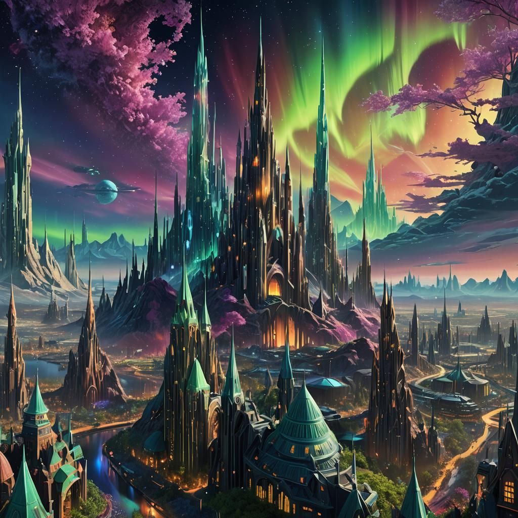 Futuristic Aurora Cityscape on Distant Planet