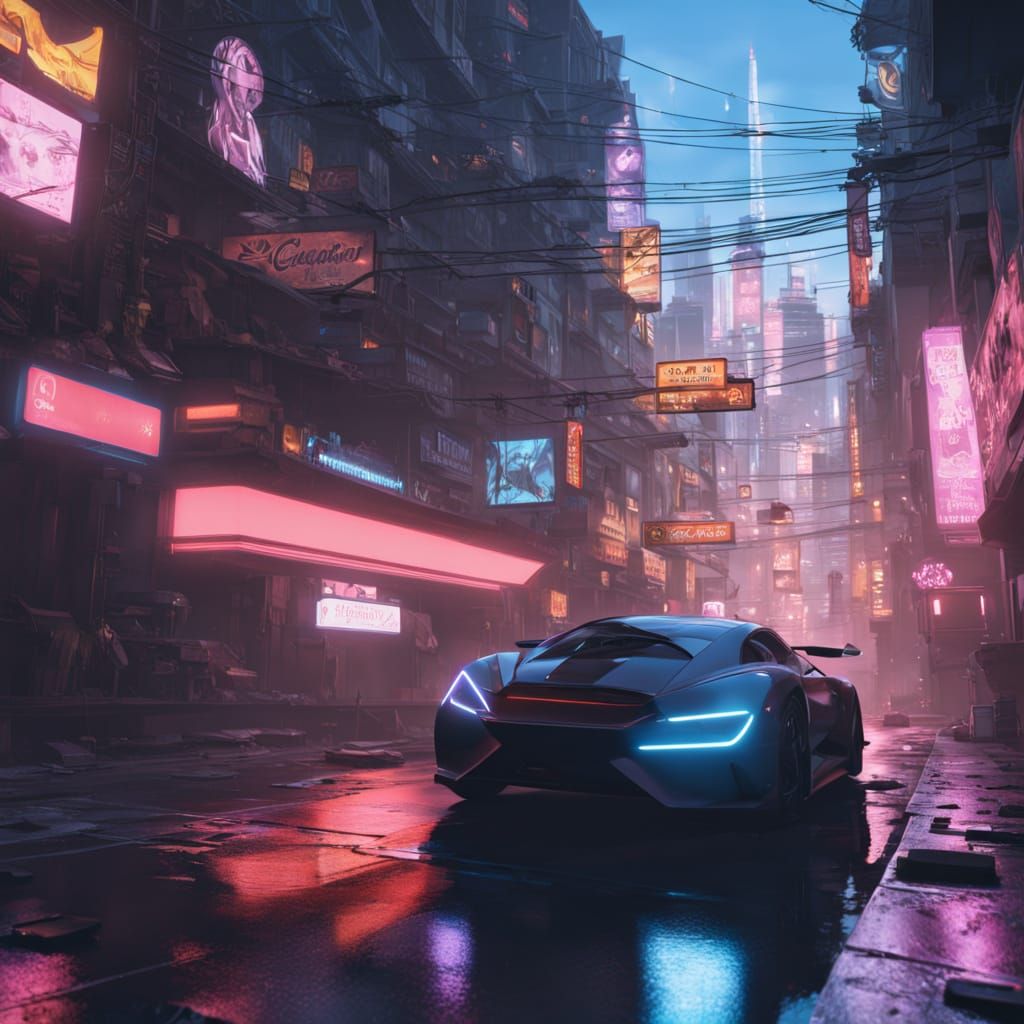 Sleek Car Hovering in Neon City: Anime Concept