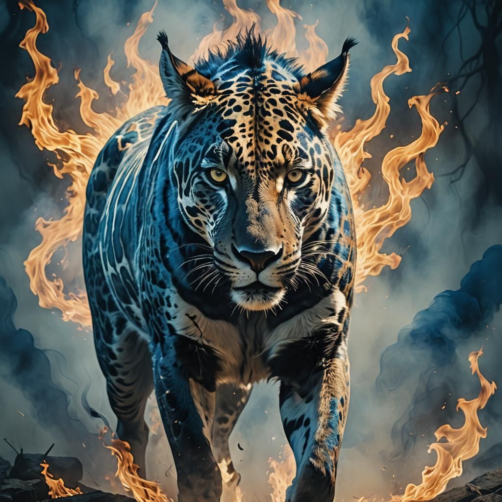 Hybrid Jaguar-Donkey Spirit Animal in Blue Flames