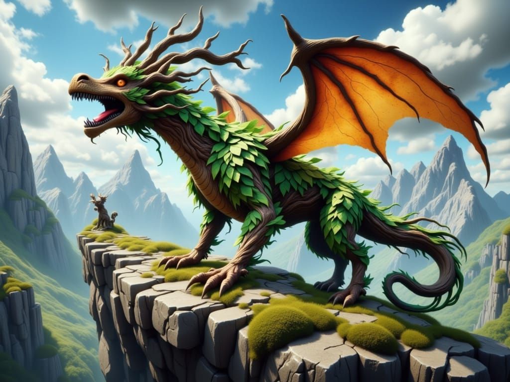 Leaf Dragon Soaring Over Mountain Peak