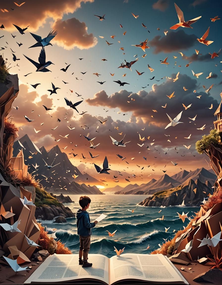 Paper World and Origami Birds at Sunset