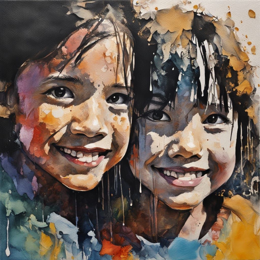 Joyful Couple in Vibrant Watercolor Portrait