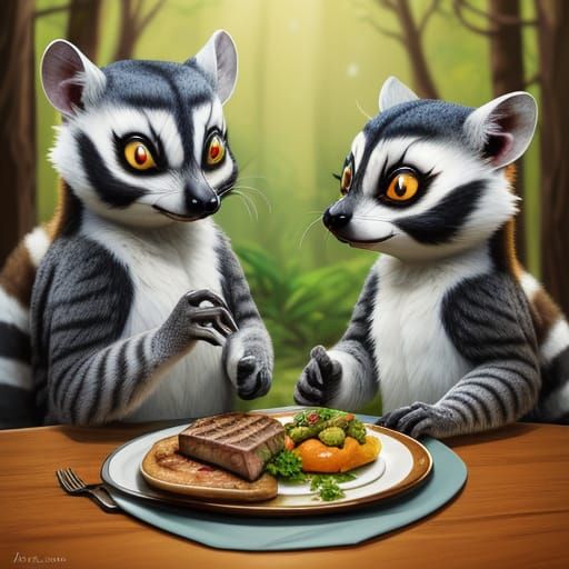 Ring-Tailed Lemur and Chipmunk Share Steak