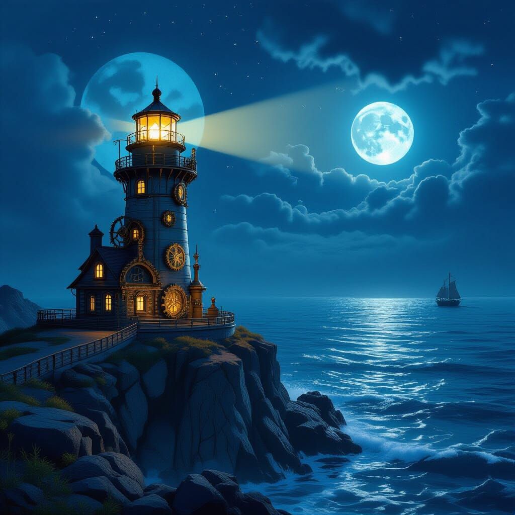 Steampunk Lighthouse Shines on Moonlit Sea