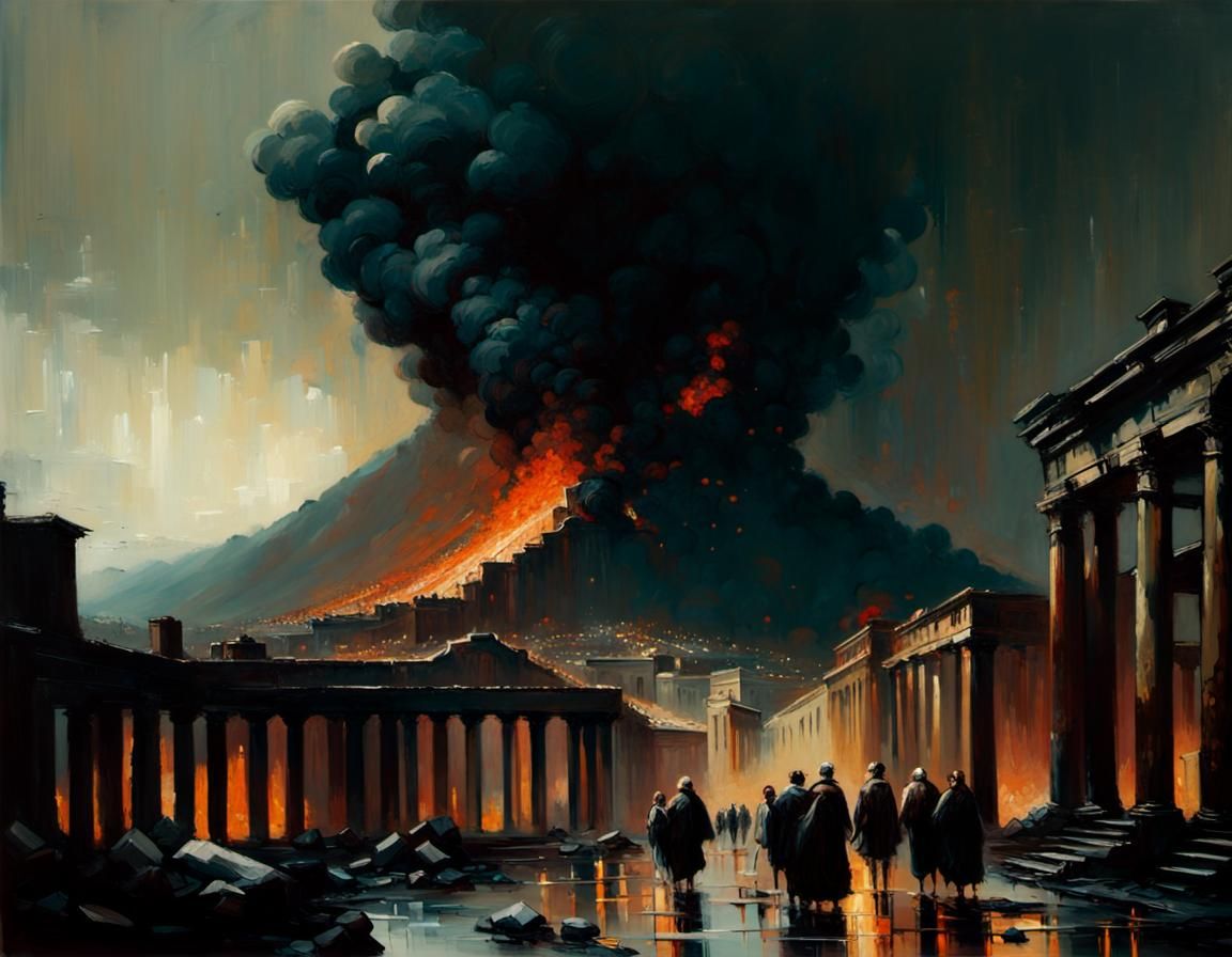 Vesuvius Erupts Over Pompeii: Dramatic Oil Painting