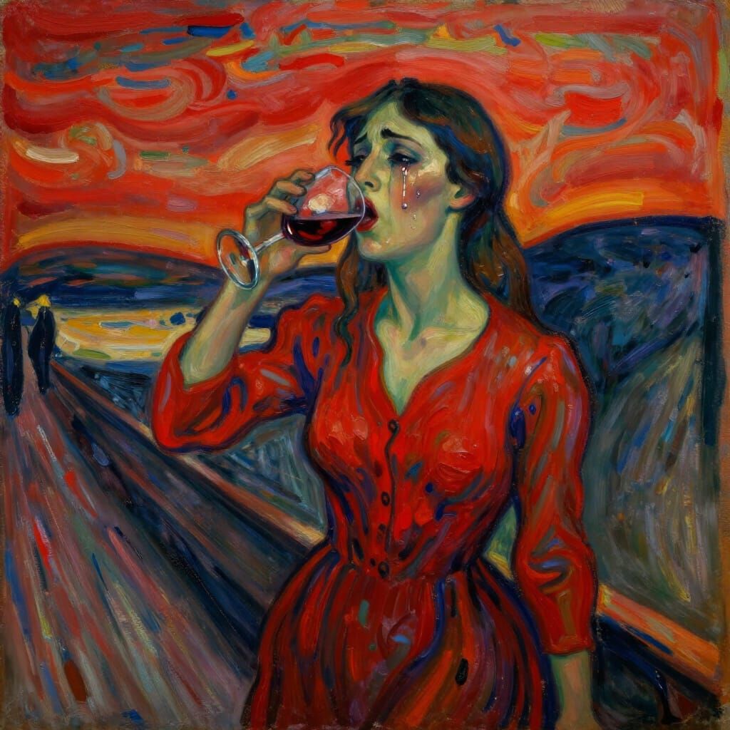 Expressionist Woman in Red Dress Amidst Emotional Storm