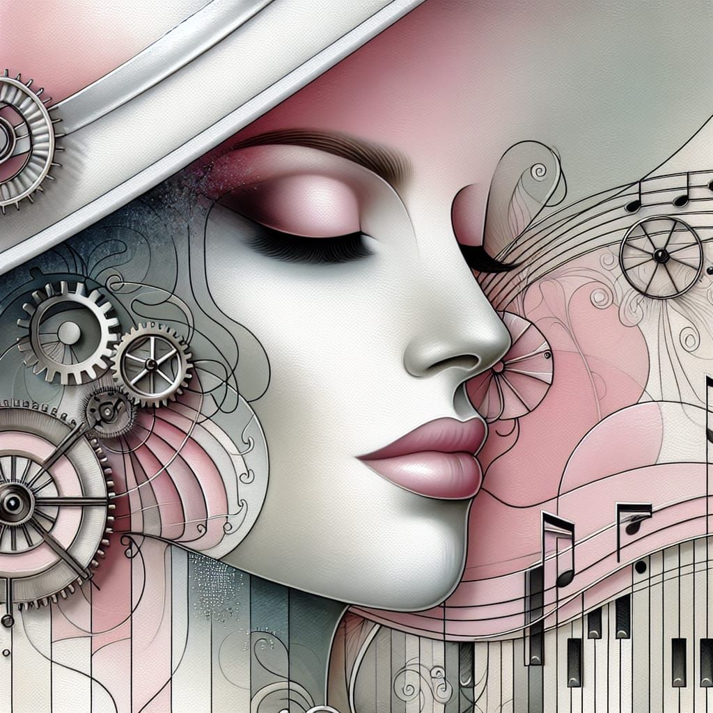 Woman with Musical Motifs and Pink Tones