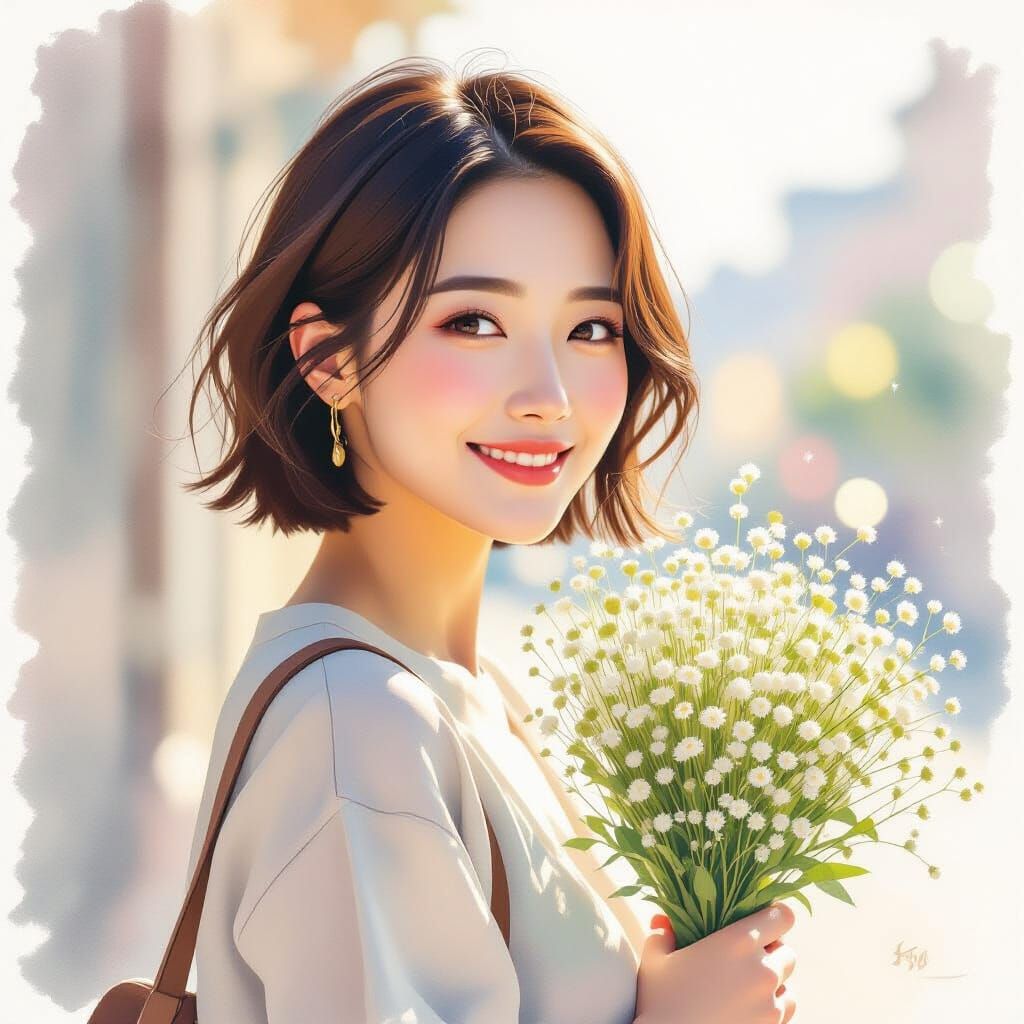 Joyful Korean Woman with Baby's Breath in Luminous Sunlight