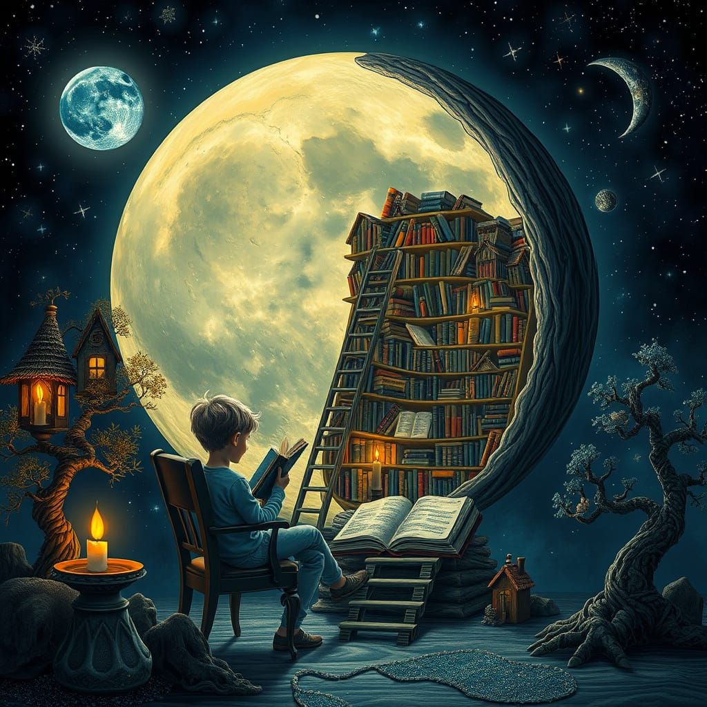 Enchanted Moon Library with Boy Reading