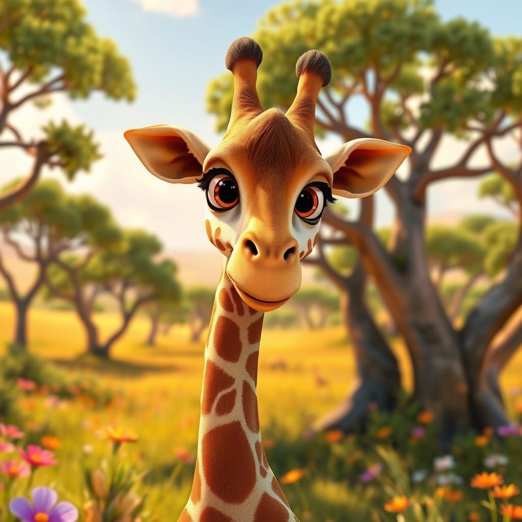 Whimsical Disney-Inspired Giraffe in a Vibrant Savannah