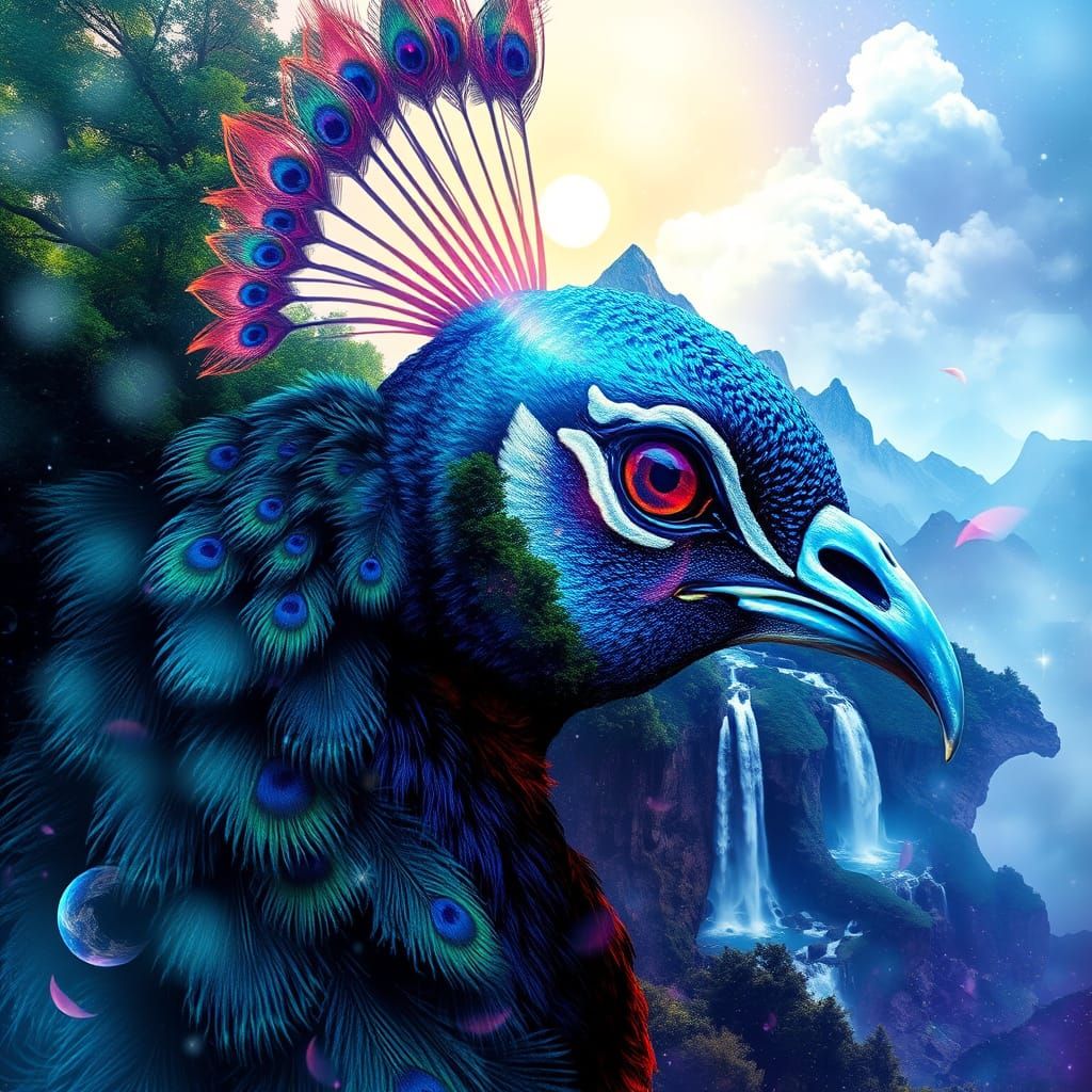Ethereal Cosmic Peacock in Vibrant Iridescent Hues