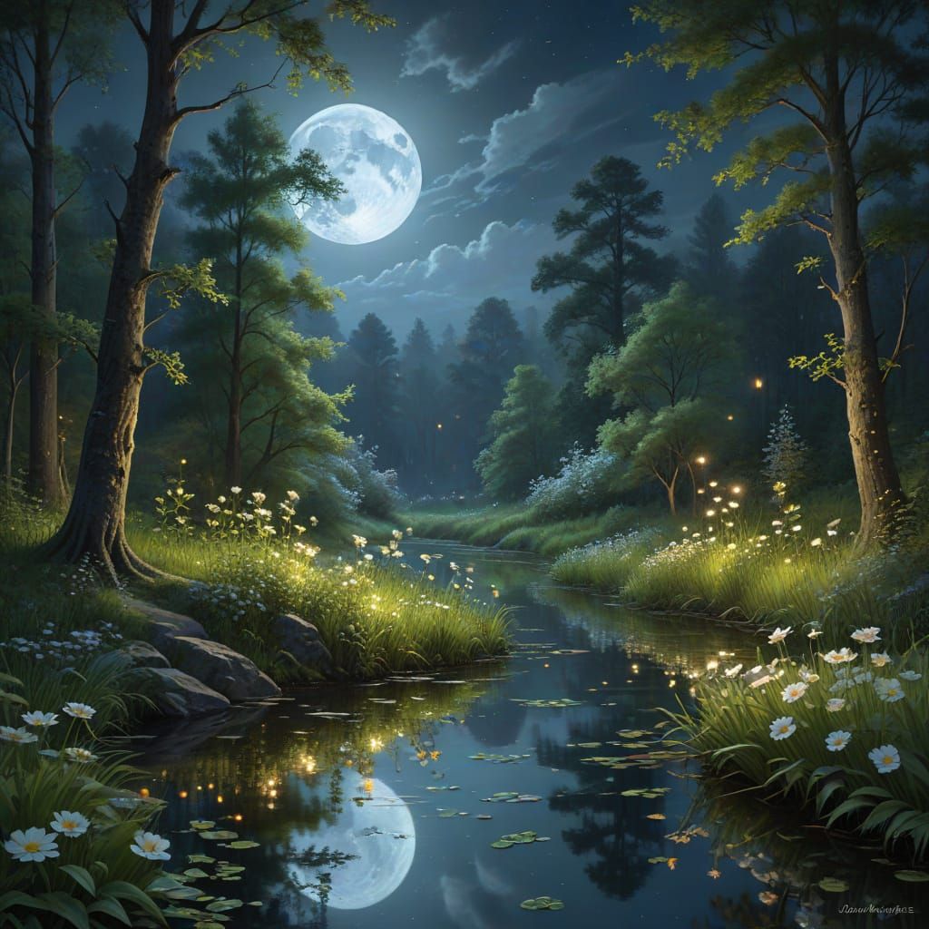 Moonlit Pond Reflects in Lush Forest: Digital Painting