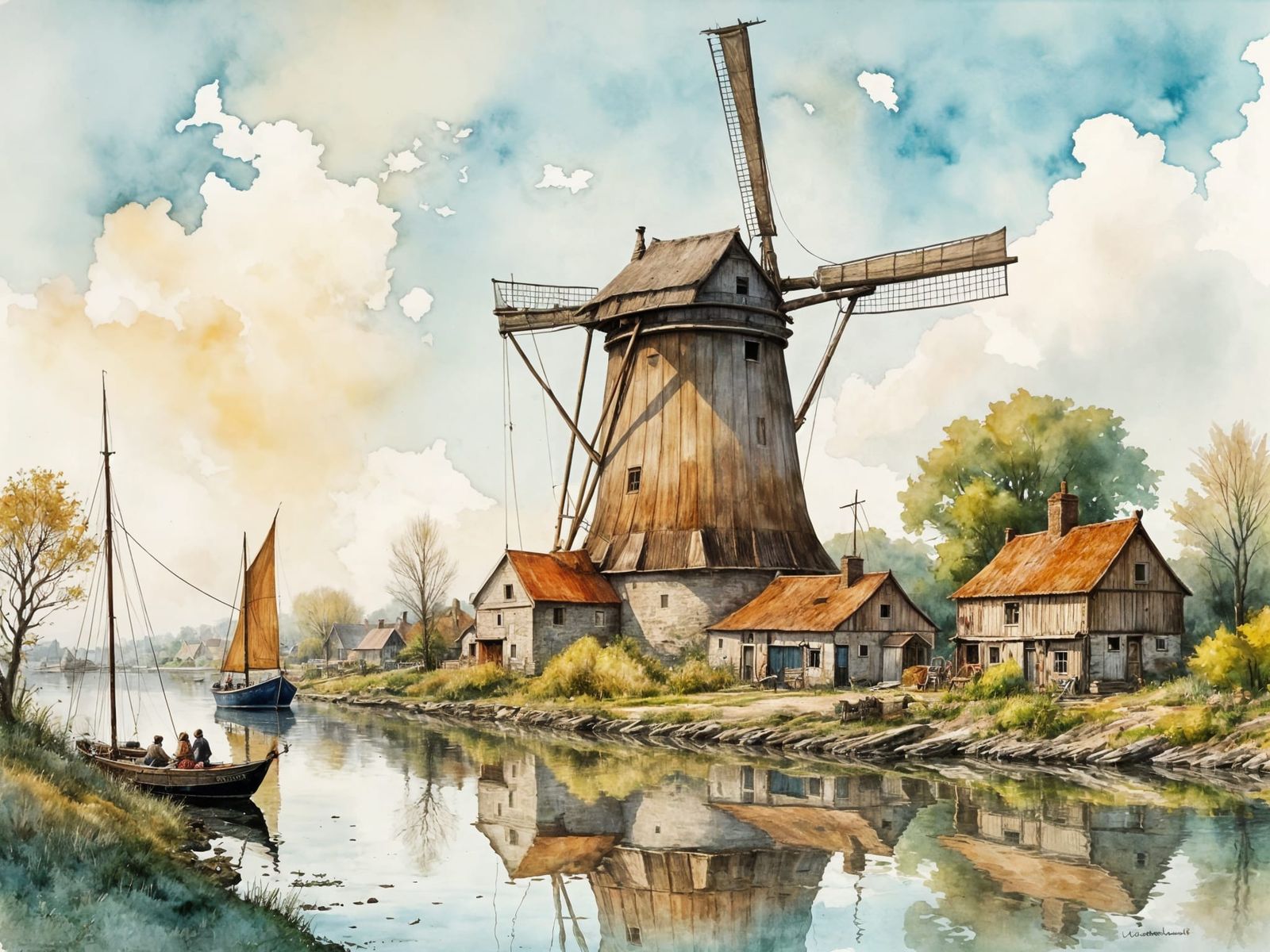 17th Century Holland Windmill Scene with Sail Boat