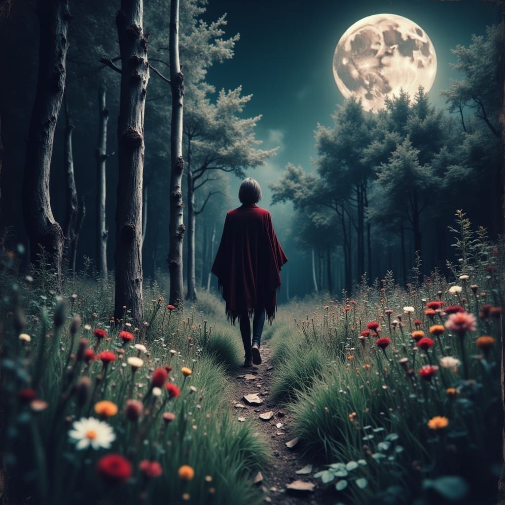 Woman in Red Cape in Enchanted Forest
