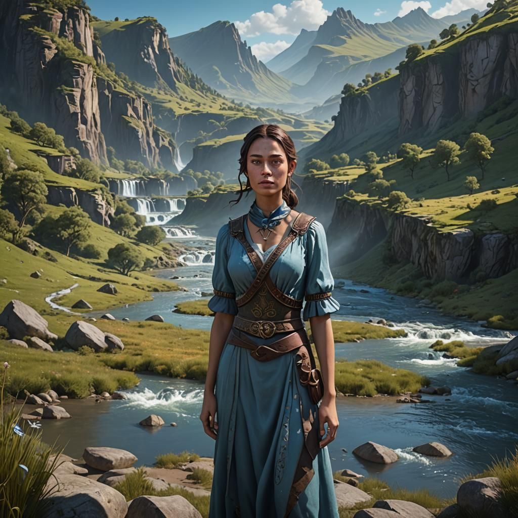 Scenic Valley with River and Girl: Fantasy Art