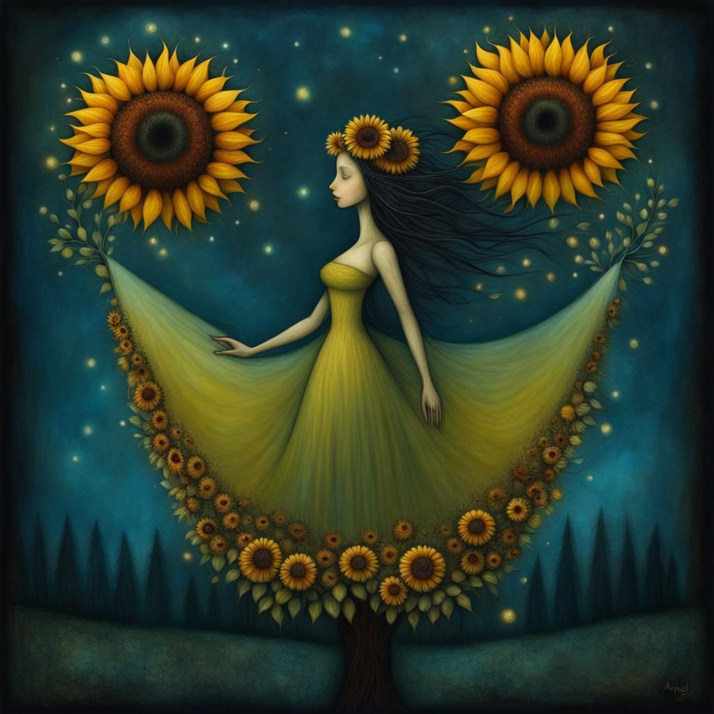 Fairy Woman and Sunflower Tree in Surrealist Style