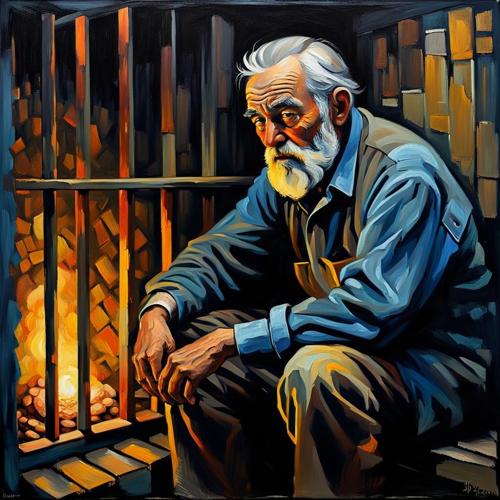 Brooding Geologist in Prison: Expressionist Oil Painting