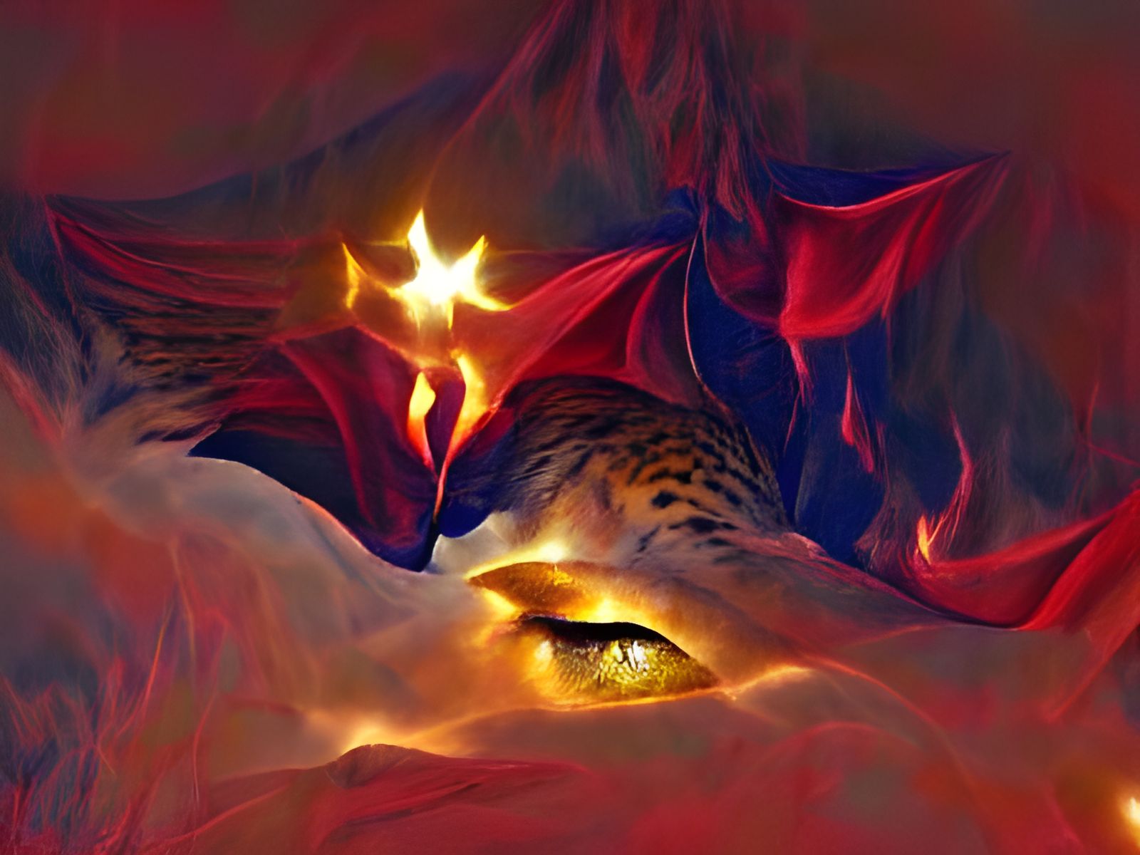 Golden Figure with Vermilion Snakes in Dreamlike Hall