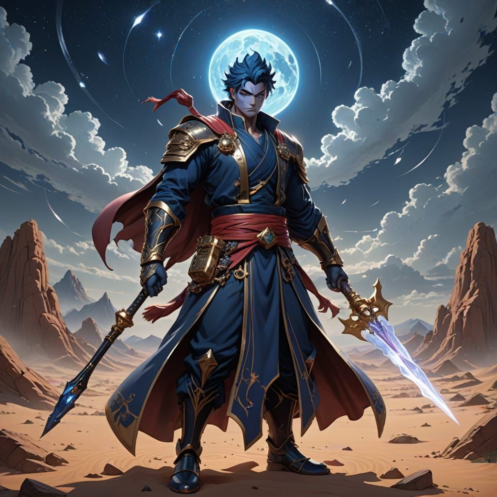 Enchanted Genie Amidst Starry Skies, Holding Obsidian Scepte...