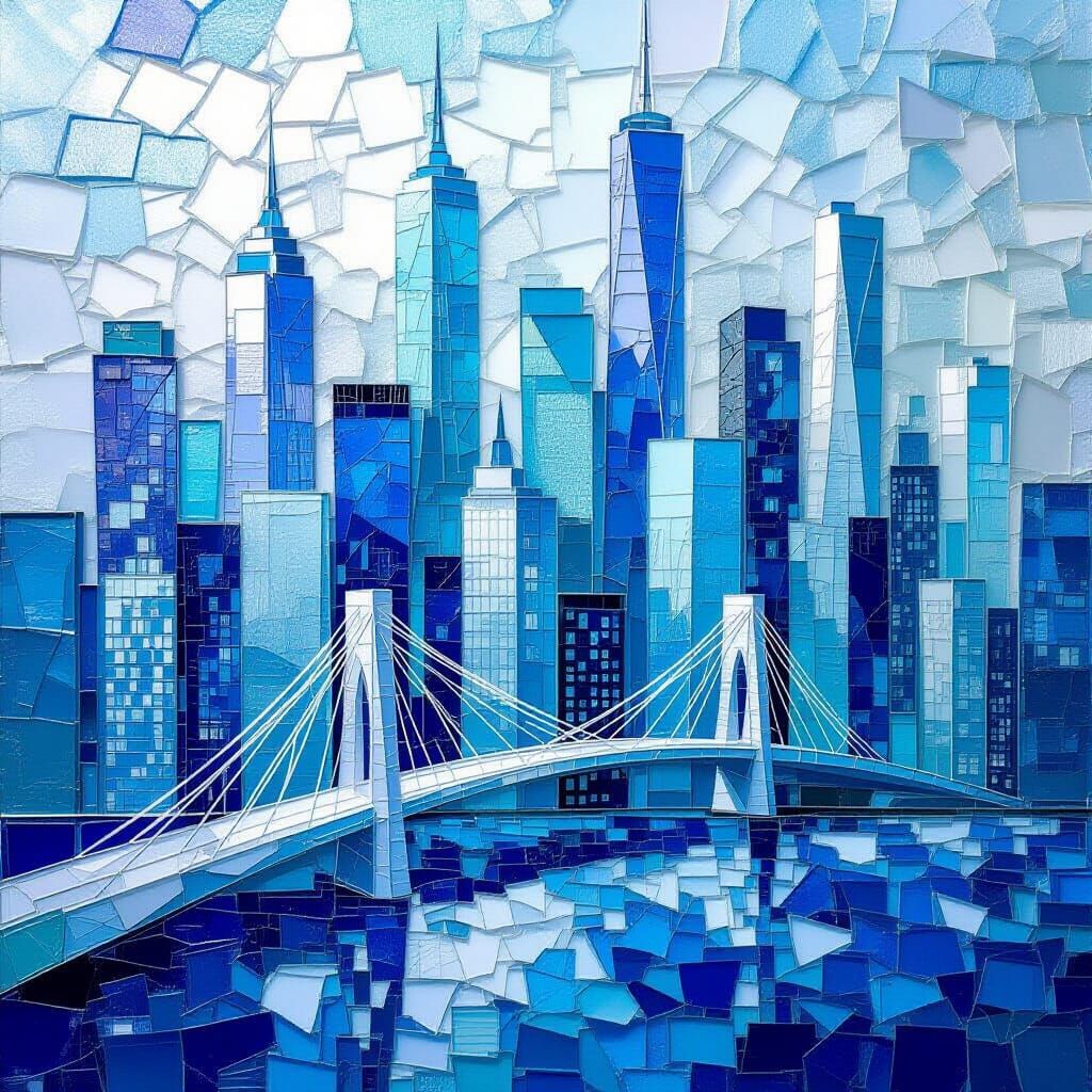 Abstract Sea Glass Cityscape with Zaha Hadid Inspired Archit...