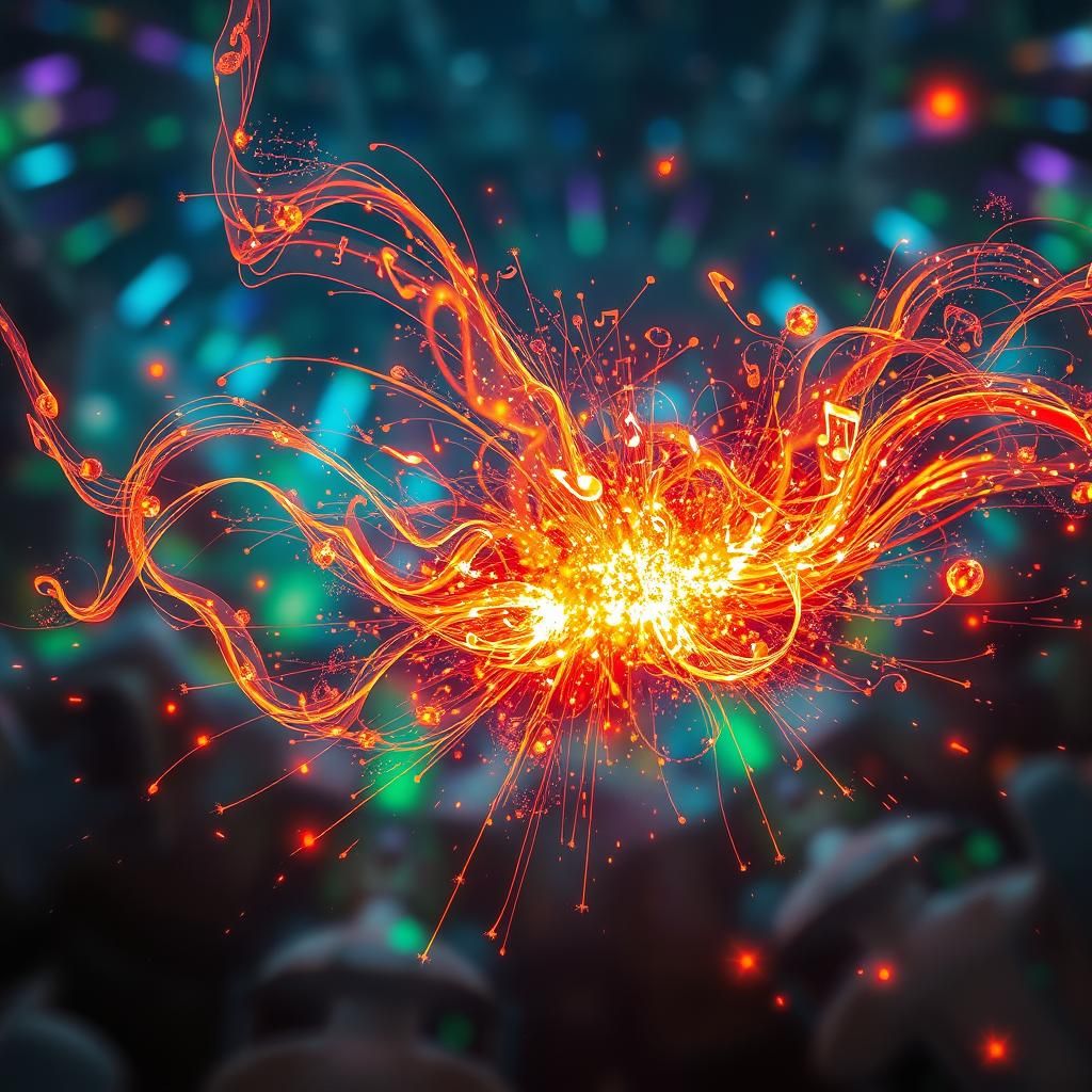 Luminescent Music Notes Explosion in a Kaleidoscopic Sky