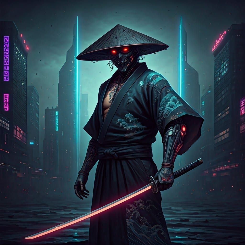 Neon Eclipse Ronin in Cyberpunk Cityscape