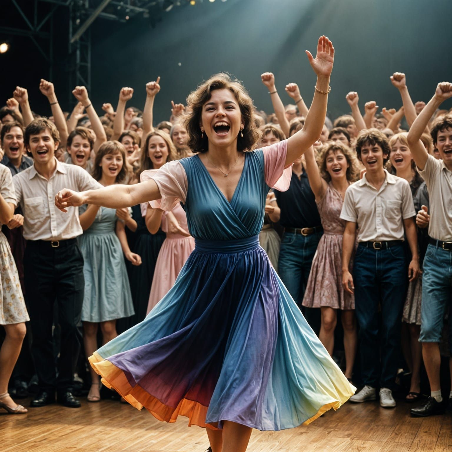 Woman Dancing on 1980s Stage in Gradient Dress
