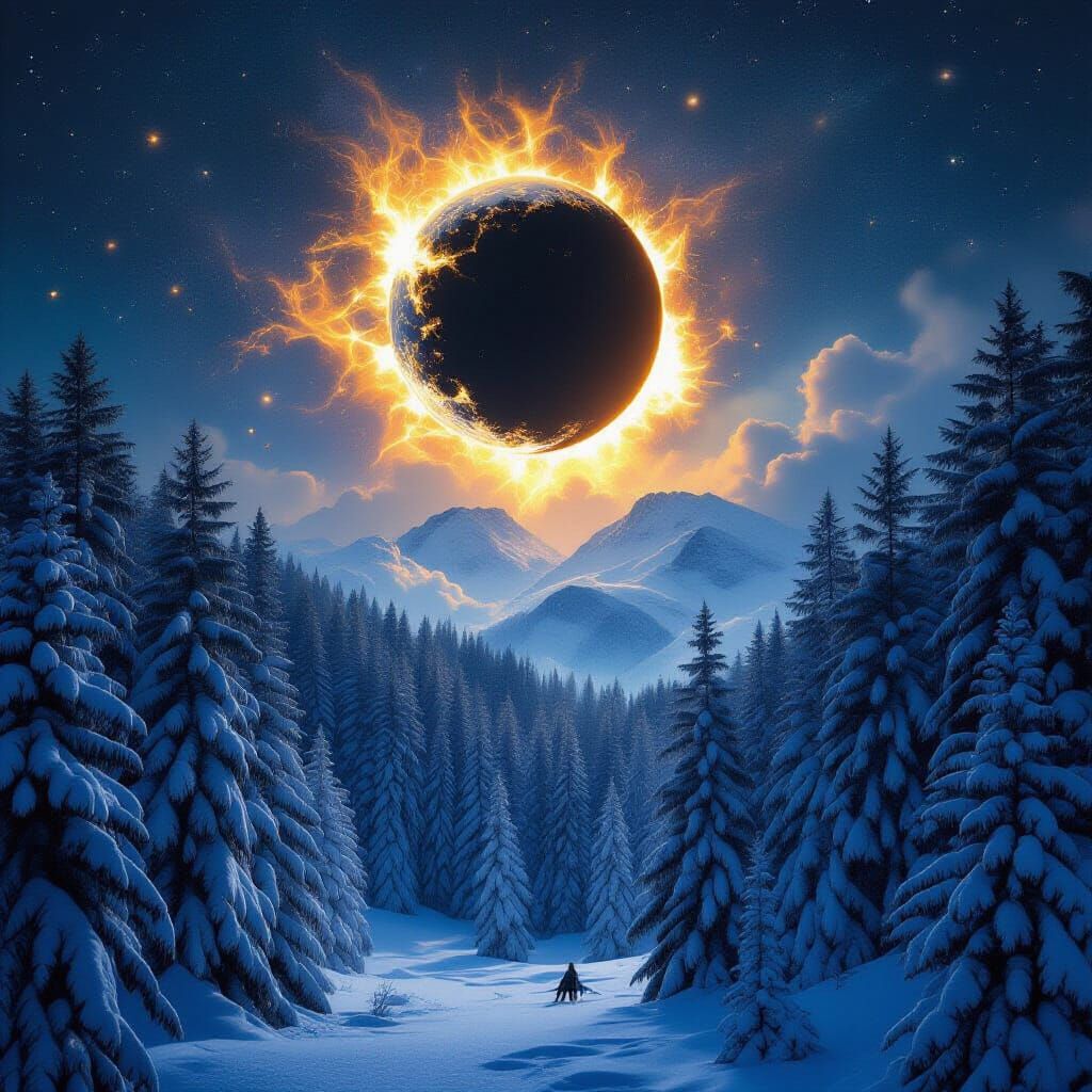 Surreal Cosmic Forest Scene with Moon and Stars